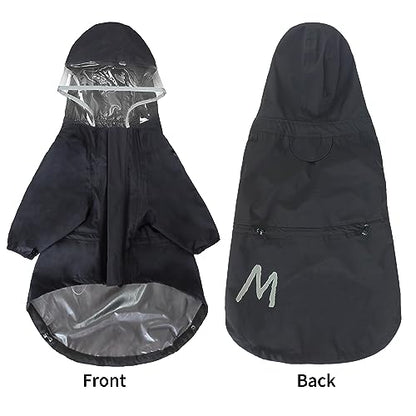 MAMORE Dog Raincoat With Clear Hood and 2 Legs, Waterproof Adjustable Jacket, Reflective Stripe for Small Medium Large Dogs (Black, X-Small)