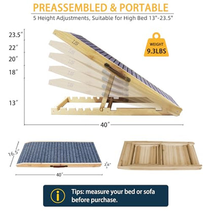 ZJSF Wooden Dog Ramp for High Bed & Couch, 40" L x 17" W Dog Stairs for Bed with 5 Adjustable Heights (13"-23.5"), Non-Slip Walking Surface, Portable Pet Ramp for Sofa, Car, Supports Up to 150 lbs - size: 40"L X 16.5"W
