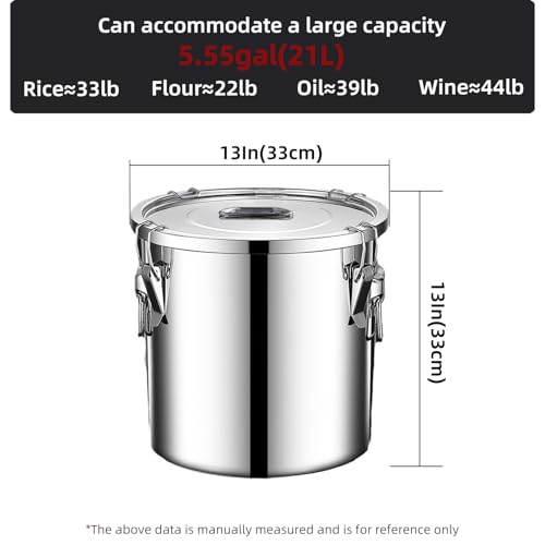 304 stainless steel food storage containers with lids lock clips airtight container large airtight for rice flour sugar grain coffee bean storage containers Kitchen jar (5.55gal/21L) - size: 5.55gal