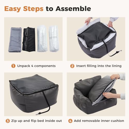 PAWZ Road Small Dog Car Seat, Pet Car Bed for Travel&Home, Waterproof Leather Dog Booster Seat with Safety Belts & Storage Pocket, Grey - size: Medium