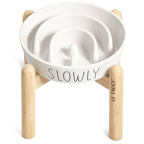 LE TAUCI PET Ceramic Slow Feeder Dog Bowls Elevated for Small and Medium Breed with Wooden Stand, 1.5 Cups Dog Dishes to Slow Down Eating, Anti-Gulping Pet Feeding Dishes,White - color: White+Stand, size: M-1.5 Cups