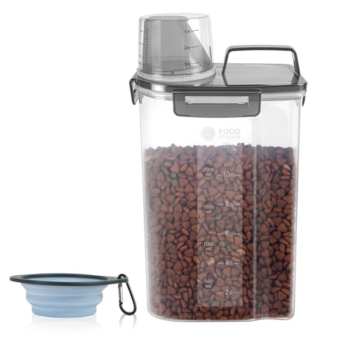 LEAWALK 3-5Lbs/3Qt Dog Cat Food Storage Container With Foldable Bowl. Plastic Pet Food Dispenser for Small Animal Kibble/Pet Food/Bird Seed/Oatmeal/Rice/Flour/Brown Sugart/Cereals (Clear Black) - color: Clear Black, size: 3L-1pack