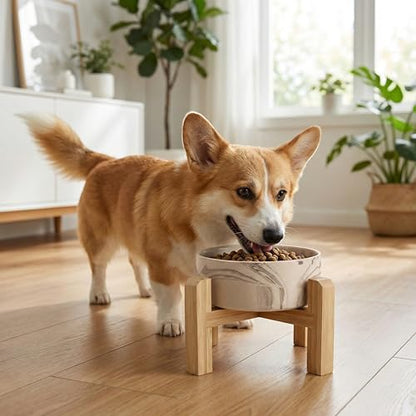 hjn Elevated Ceramic Dog Bowl with Bamboo Stand, Raised Pet Feeding Station for Small Medium Dogs Cats, Modern Design with Anti-Slip Base (Marble Brown, 3.6Cup) - color: Marble Brown, size: 3.6Cup