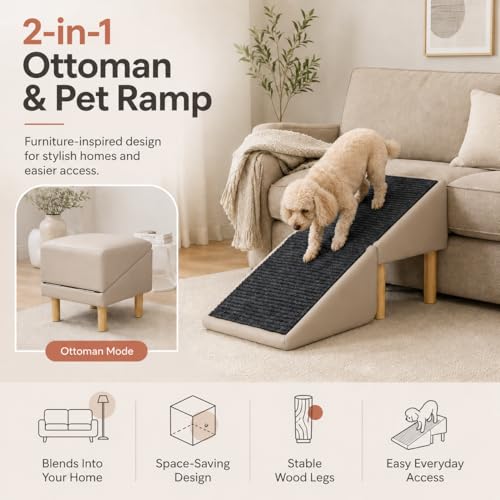 Dog Ramp for Bed and Couch, 2-in-1 Pet Ramp Ottoman, 16" High | Low-angle 23° incline with non-slip washable surface helps protect joints for small dogs, puppies and senior pets
