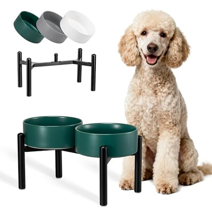 Dog Bowls Elevated - Ceramic Raised Dog Bowl with Non Slip Steel Stainless Stand - No Spill and Heated Feeding Station - Food and Water Dish Set for Medium to Large Pet - Each Holds 7.5 Cups – Green - color: Green, size: 2 Bowls - 7.5 Cups Each