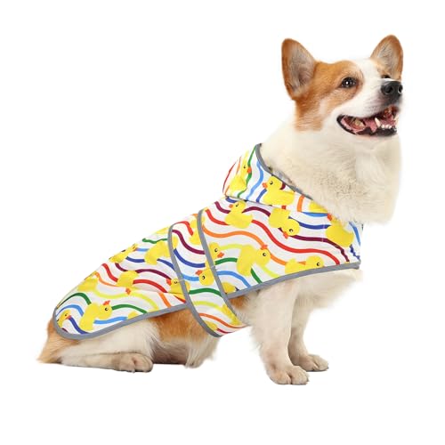 Dog Raincoat for Large Dogs, Waterproof Rain Jacket Coat with Hood and Leash Hole, Polyester, Rainbow Ducks - color: Rainbow Ducks, size: Large