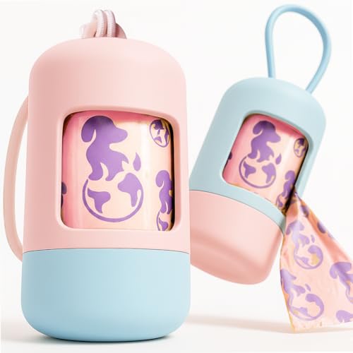 Dog Poop Bag Holder [2-Pack] | With 30 Extra-thick Dog Bags for Poop | Waste Bag Dispenser with Premium Soft-Touch Coating | Enlarged Dispense Opening, Stylish Color-Block Design (Blush Sky) - color: Blush Sky