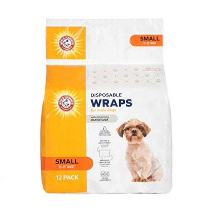 Arm & Hammer Small Male Dog Wraps, Disposable Belly Band Diapers with Baking Soda Odor Control, Super Absorbent Leak Resistant Design for Marking and Incontinence, 12-19 Inch Waist, 12 Count - size: Small