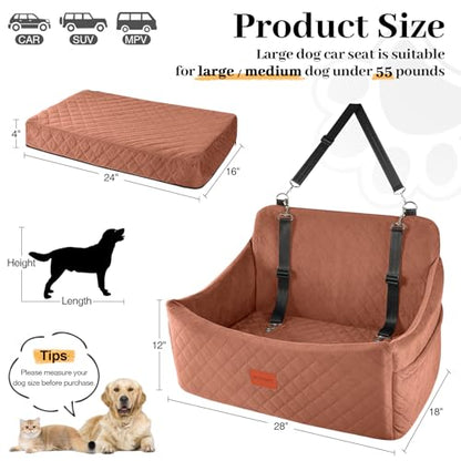 Wooaidagg Dog Car Seat for Medium & Large Dogs Up to 55lbs, Memory Foam Cushion, Washable Cover, Safety Straps & Non-Slip Base (Brown, Large) - color: Brown