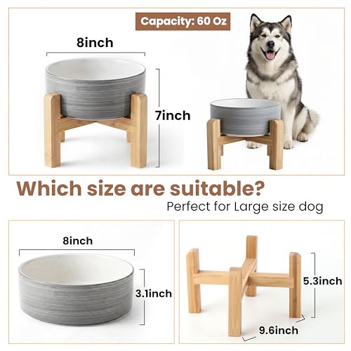 hjn Elevated Ceramic Dog Bowl with Bamboo Stand, Raised Pet Feeding Station for Small Medium Dogs Cats, Modern Design with Anti-Slip Base (White Gray, 7.6Cup) - color: White Gray, size: 7.6Cup