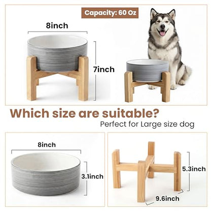 hjn Elevated Ceramic Dog Bowl with Bamboo Stand, Raised Pet Feeding Station for Small Medium Dogs Cats, Modern Design with Anti-Slip Base (White Gray, 7.6Cup) - color: White Gray, size: 7.6Cup