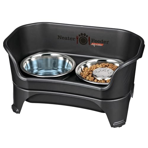 Neater Feeder - Express Model w/ Slow Feed Bowl - Mess-Proof Dog Bowls (M/L, Black) Made in USA – Elevated, No Spill, Non-Tip, Non-Slip, Raised Stainless Steel Food/Water Pet Bowls Aid Digestion - color: Midnight Black, size: Medium to Large w/ Metal Slow