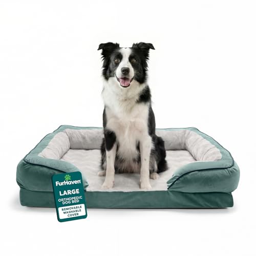 Furhaven Orthopedic Dog Bed for Large/Medium Dogs w/ Removable Bolsters & Washable Cover, For Dogs Up to 55 lbs - Plush & Velvet Waves Perfect Comfort Sofa - Celadon Green, Large - color: Celadon Green, size: 36.0"L x 27.0"W x 7.5"Th