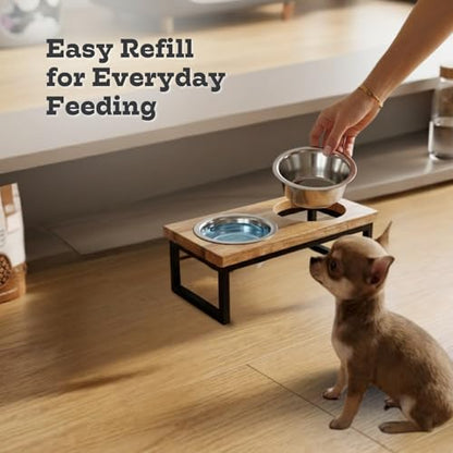 Elevated Dog Bowls, 4” Small Dogs & Cats Raised Bowl Mango Wood Stand, Food & Water 2 Stainless Steel Dishes Each 16oz/2Cup Capacity, Non-Slip Pet Feeder Station in Brown for Toy Breeds - size: 4 Inches / 16oz 2 Bowl