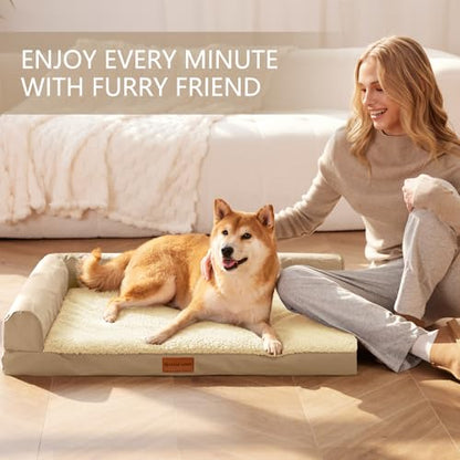 Patas Lague Orthopedic Dog Bed Medium Size Dog 30''X20'', Waterproof L Bolster Medium Pet Sofa Beds with Removable Washable Cover, Soft Pet Couch Crate Mat with Nonskid Bottom, Beige - color: Beige, size: 30"L x 20"W x 3.5"Th
