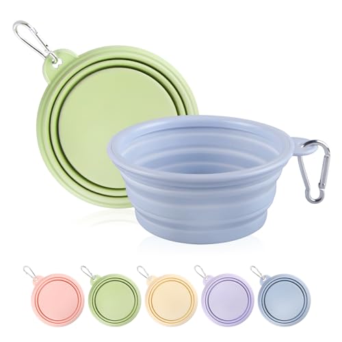 Collapsible Dog Bowls 2-Pack, Portable Travel Dog Bowl with Carabiner, Food-Grade Silicone Pet Bowl for Hiking, Walking (Macaron Blue and Green) - color: 12 OZ Macaron Blue and Green
