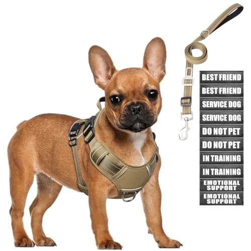 Tactical Dog Harness and Leash Set Small Sized Dog,Heavy Duty No Pull Service Dog Vest and 10 Patches with Dog Seat Belt,Reflective Adjustable Pet Harness for Training Walking Hiking Brown S - color: Brown, size: Small