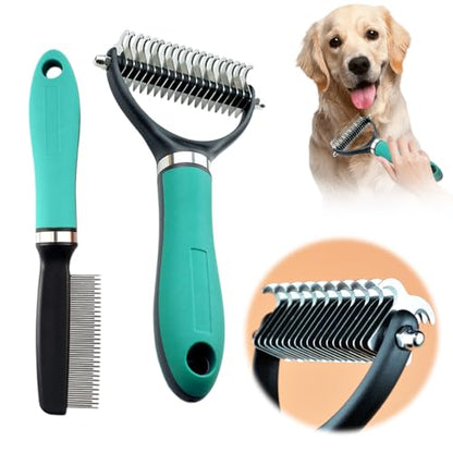 Double-Sided Self-Cleaning Pet Grooming Brush,2026 New Ergonomic Undercoat Rake,Gentle Detangler Brush for Long Thick Pet Hair,Professional Grooming Tool (Green-Comb+Pin Comb Set-10Teeth/19Teeth) - color: Green-Comb+Pin Comb Set-10Teeth/19Teeth