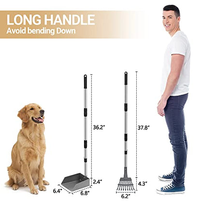 Heeyoo Dog Pooper Scooper, Dog Poop Tray and Rake Set, Pet Waste Removal Scoop with Long Adjustable Sectional Stainless Handles - color: Silver/Black