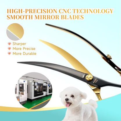 45° Super Curved Dog Grooming Scissors 7.5" | 440C Stainless Steel, CNC, Big Arc Curved, Sharp and Durable, Professional Groomers，Black & Gold，Adjustable Screw