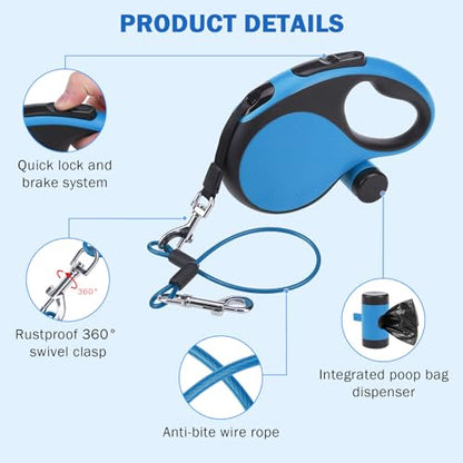 SCENEREAL Retractable Dog Leash for Small Medium Large Dogs up to 110lbs, 26ft 360° Tangle-Free Nylon Tape with Anti-Chewing Wire Rope&Waste Bag Dispenser, Heavy Duty Long Durable One-Handed Brake - color: Chew Proof (Black & Blue /26ft)