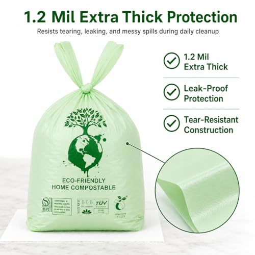 Home Compostable Dog Poop Bags, BPI & OK Compost HOME Certified | 0.6 Gallon, Thick Gusseted Unscented, 80ct, LeakProof T-Shirt Handles for Easy Knotting, Suitable for Small Medium Large Dogs