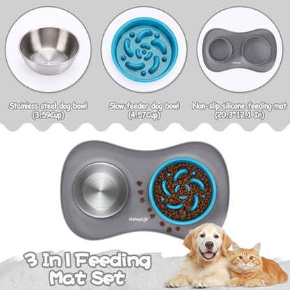 MateeyLife Dog Food and Water Bowl Set 3 in 1, Slow Feeder Dog Bowls & Stainless Steel Water Bowl with Non-Spill Silicone Mat, Cat and Puppy Bowls Pet Dishes for Small Medium Large Breed Anti-Choking - color: Gray, size: Large