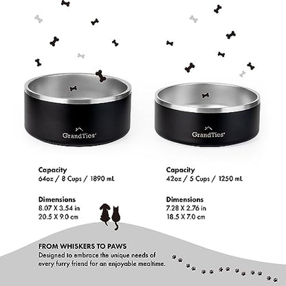 GrandTies Stainless Steel Dog Bowl | Engraved Reusable BPA-Free Insulated Cat & Dog Bowls | Large Heavy Duty Non Skid Spill Proof Bowl | Outdoor Dog Water Bowl (42oz, Midnight Black) - color: Midnight Black, size: 42oz