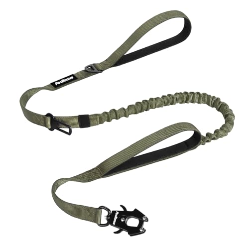 PetBonus Heavy Duty Tactical Dog Leash, 5 FT Bungee Shock Absorption Leash with 2 Padded Handles, Quick Release Metal Clip, Car Seatbelt, No Pull Training Lead for Large Medium Dogs（Army Green） - color: Army Green