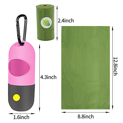 2 Pack Dog Poop Bag Dispenser with Built-in LED Flashlight, Pet Waste Bag Holder for Leash with Carabiner Clip for Lead Leash, 2 Rolls Leak-proof Doggy Waste Bags for Dog Walking, Pink, Eliamo - color: Pink