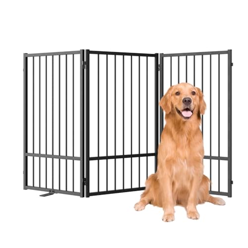 SNUOWU Full Metal Freestanding Dog Gate with Door, 32''Height Foldable Pet Dog Fence for Indoor & Outdoor, 3 Panels Extra Wide Free Standing TallDog Gates for Doorways,House,Stairs,Porch,Deck,Yard - color: Black, size: 【3 Panels】60"W*32H"
