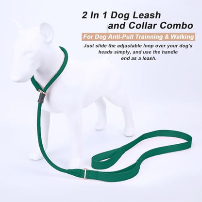 Slip Lead Dog Leash, Double Handle, Soft Leather, Heavy Duty Nylon, No Pull Walking, Medium Large Small Dogs, 6ft Dark Green - color: Dark Green, size: 6ft