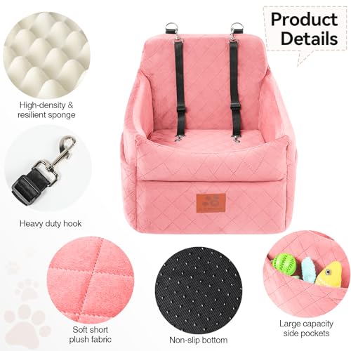 Dog Car Seat for Small/Medium Dogs, Dog Booster Car Seats with Thick Cushion for Dogs Under 35lbs, Detachable Washable Pet Bed with Storage Pockets, 2 Safety Belts (Pink) - color: Pink