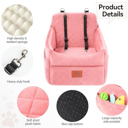 Dog Car Seat for Small/Medium Dogs, Dog Booster Car Seats with Thick Cushion for Dogs Under 35lbs, Detachable Washable Pet Bed with Storage Pockets, 2 Safety Belts (Pink) - color: Pink