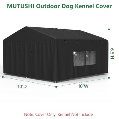 Outdoor Dog Kennel Cover 10'D x 10'W x 6.5'H Black Full Coverage with Transparent PVC Window and Breathable Mesh All-Weather Protection for Multiple Brands of Kennels Only Cover - size: 10'D x 10'W x 6.5'H