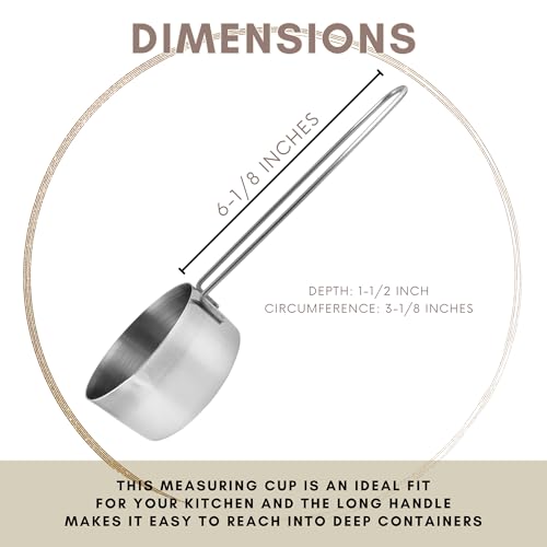 3/4 Cup Stainless Steel Measuring Cup, Long 6" Wire Loop Handle and Pour Spout | Sturdy Metal 177 ml | 177 cc | 6 oz | Single Cup for Wet and Dry Ingredients | Great for use as 3/4 Cup Dog Food Scoop - size: 3/4 Cup Long Handle