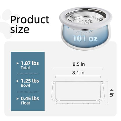 3L/0.8 Gallon No Spill Water Bowl for Dogs, Double-Wall Stainless Steel Slow Water Dog Bowls, Splash-Proof Vacuum Float, Dishwasher Safe for Large Medium Dogs