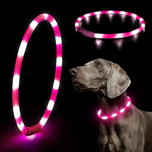 HIGO LED Dog Collar, Silicone Lightweight Light Up Dog Collars, USB Rechargeable LED Dog Necklace Light for Your Dogs Cats Glow in the Dark (Pink-Silicone) - color: Pink-Silicone