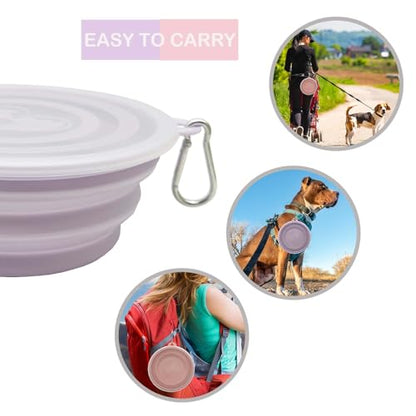 Medium Collapsible Dog Bowl 23oz,2 Pack Portable and Foldable Pet Travel Bowls with 2 Carabiners & Lids for Dogs Cats and Small Animals (Macaron Purple+Pink, 650ml)