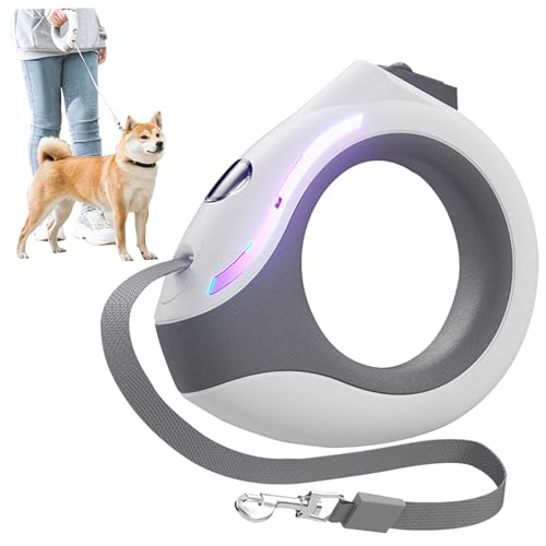 Retractable Dog Leash with Flashlight - Rechargeable, 118in Round Handle, Lock, Breathing Light for Small & Medium Dogs