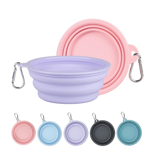Kytely Collapsible Dog Bowls for Travel, 2Pack Dog Portable Water Bowl, Foldable Pet Food Bowl with Clasp, Pet Cat Feeding Cup Dish for Traveling, Walking, Hiking - color: Lavender & Pink, size: Small