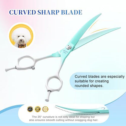 7'' Curved Dog Grooming Scissors Green to White Gradient | 440C Stainless Steel, Sharp Durable, Professional or Home Use, Ergonomic Handle with 2 Silicone Finger Rings - color: Green