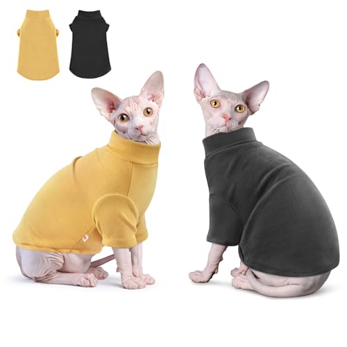 Idepet Sphynx Cats Sweater 2 Pack,Turtleneck Hairless Cat Shirt Soft and Warm Kitten Clothes with Sleeves Pullover Pet Winter Pajamas Jumpsuit for Cat Puppy (Black&Yellow, Medium) - color: Black&Yellow, size: Medium