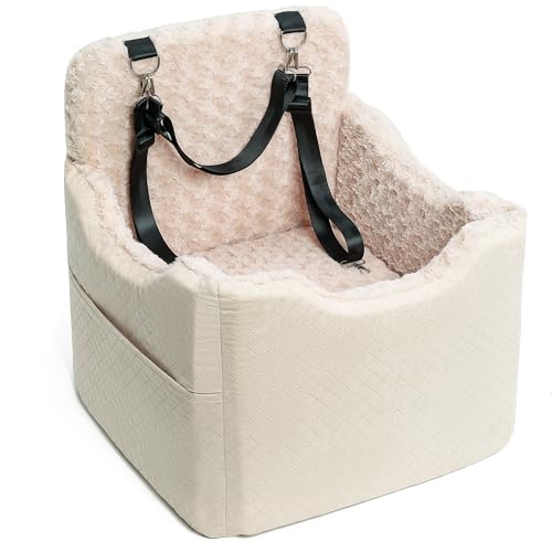 Dog Car Seat for Small Medium Dogs - 6.7inch Elevated Dog Booster Car Seats with Deluxe Rose Plush, Washable Safety Pet Carseat Travel Bed with 2 Safety Belts and Storage Pockets(Beige) - color: Beige