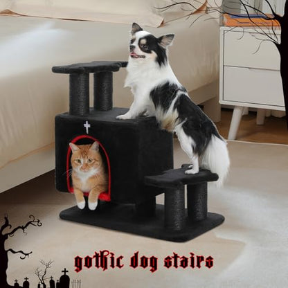 Gothic 3-in-1 Dog Stairs & Cat Scratching Post with Condo - Pet Steps for High Beds, Sofa & Couch, 3-Tier Cat Tower with Sisal Scratching Pad for Small Dogs, Cats & Kittens, Black - color: Black