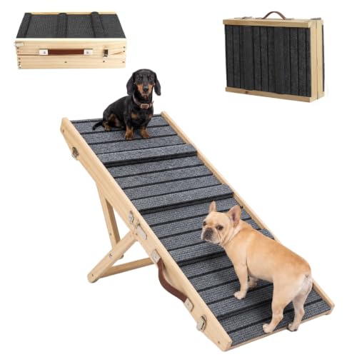 Dog Ramp for Couch & Bed for Dogs, Foldable Small to Large Dog Ramps for Sofa - 39.4" LX15.7 W, 5 Adjustable Height, Portable, Wider and More Stable, Non-Slip, Carry Handle, Wood - size: 39.4inch-Wood Color