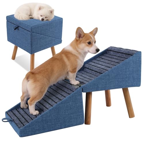 Dog ramp for Small Dogs, 2-in-1 Pet Steps & Ottoman - Foldable Dog ramp for Couch, Non-Slip Wooden Pet ramp for Puppy Senior Injured Dogs (Blue, XL(17.13H)) - color: Blue, size: XL(17.13H)