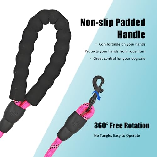 Heavy Duty Rope Dog Leash, 6.5 FT with Comfortable Padded Handle & Highly Reflective Threads, Tangle-Free Training Walking Leash for Small, Medium and Large Dogs (Pink, 6.5FT)