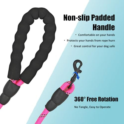 Heavy Duty Rope Dog Leash, 6.5 FT with Comfortable Padded Handle & Highly Reflective Threads, Tangle-Free Training Walking Leash for Small, Medium and Large Dogs (Pink, 6.5FT)