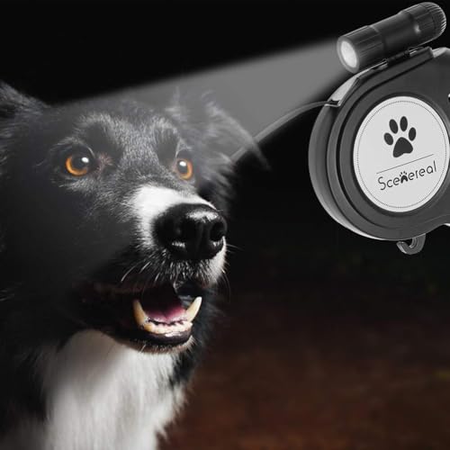 SCENEREAL Heavy Duty Retractable Dog Leash 26 FT with LED Flash Light & Poop Bag Dispenser for up to 110 LB Small Medium Large Dogs Outdoor Walking & Training - color: With Light (Black /26ft)